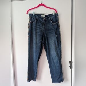 Knox Rose Dark Blue Boyfriend Jeans with Colorful Embroidered Trim
